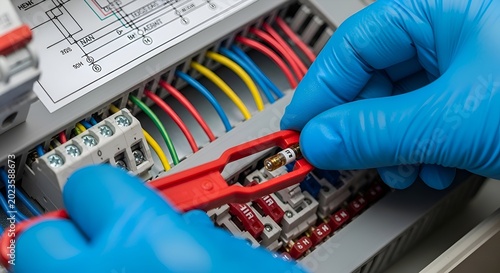 Engineer with gloves working on electrical panel, wiring repair