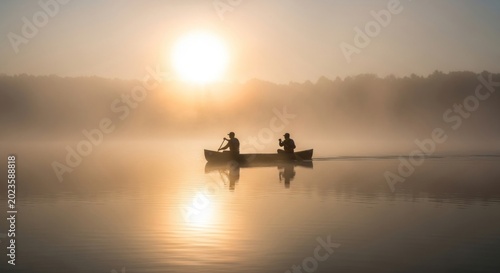 Two people canoeing on a misty lake at sunrise.