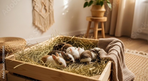A wooden crate filled with adorable baby bunnies and straw.