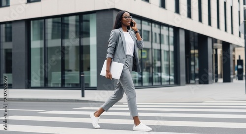 Confident African American Professional Woman in Grey Suit Crossing Street with Laptop and Phone