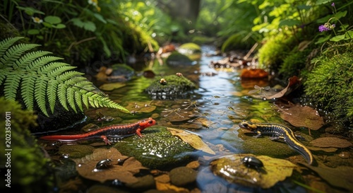 Forest stream teeming with life including salamanders and dragonflies.