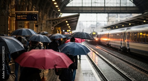 Travelers wait with umbrellas on a rainy train station platform.