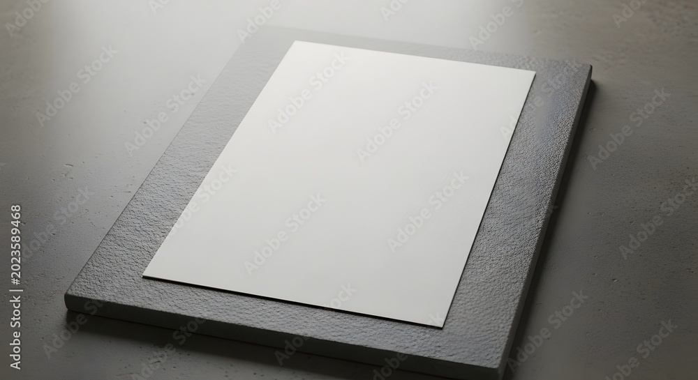 Fototapeta premium A stark high contrast image of a blank white card resting on a textured dark gray surface illuminated by a bright light source