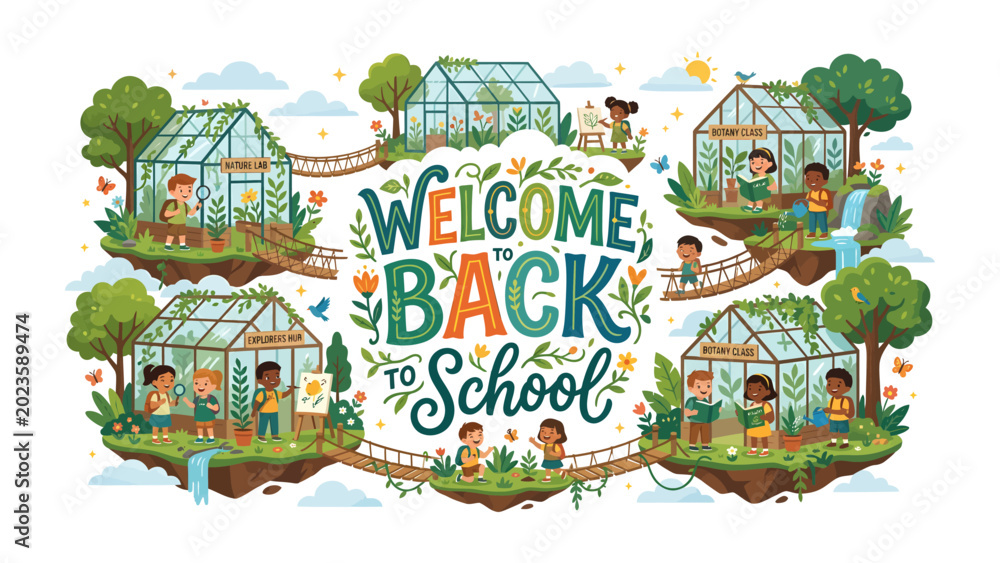 Fototapeta premium Welcome Back to School: A vibrant and whimsical illustration depicts a charming school setting with greenhouses on floating islands, connected by bridges, celebrating the return of students.