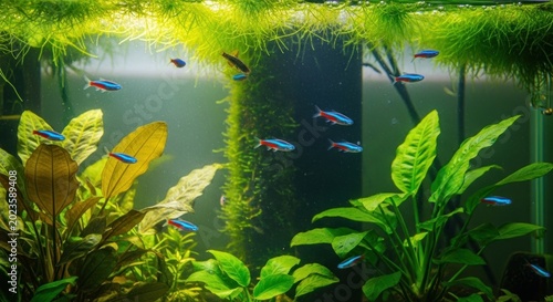 Vibrant Neon Tetras swimming among lush aquatic plants in a freshwater aquarium.