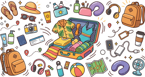 Summer Travel Packing Vector Set With Open Suitcase, Clothes, Hat, Sunglasses, Backpack, and Vacation Accessories