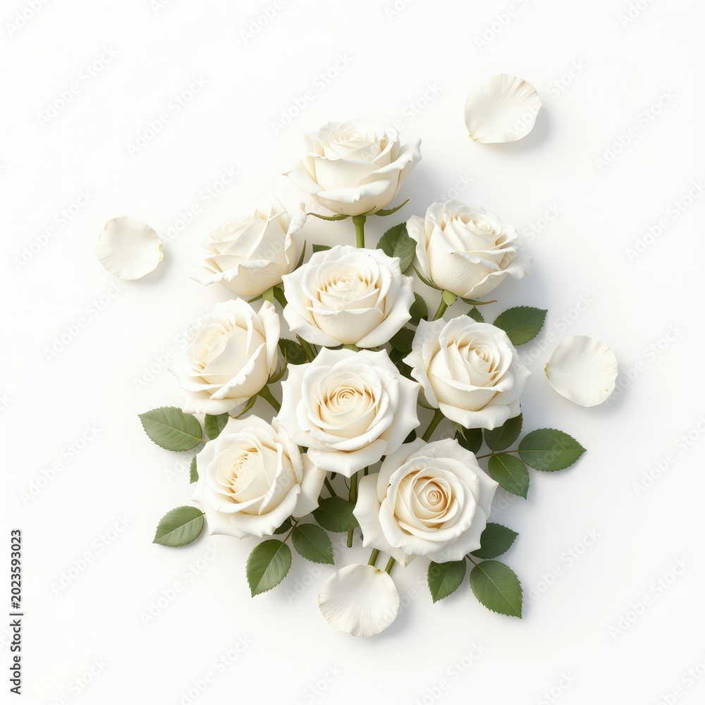 Fototapeta premium White Roses Bouquet with Scattered Petals on White Background