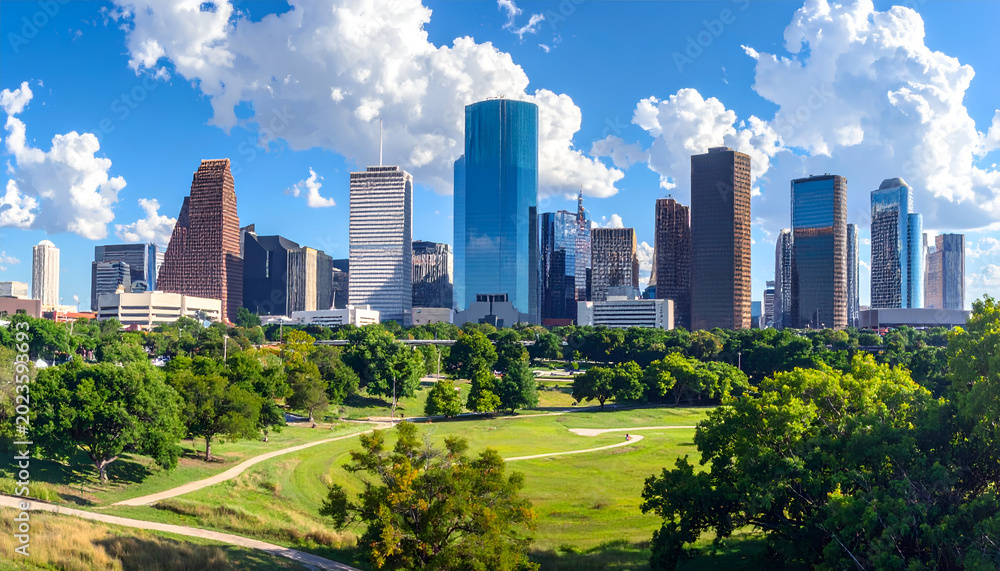 Fototapeta premium Houston Texas Skyline with Lush Green Park and Blue Sky.