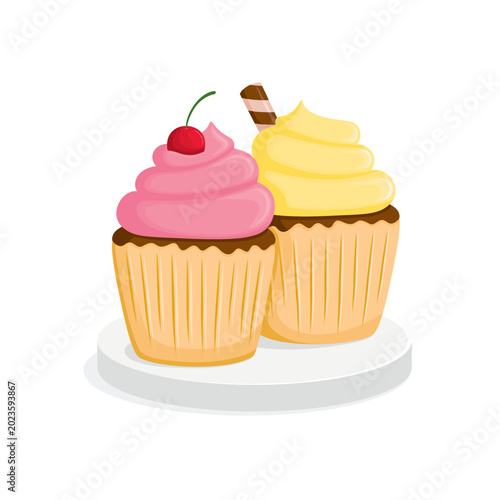 Two Cupcakes with Pink and Yellow Frosting