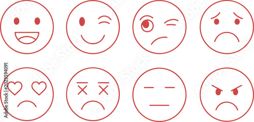 Photos Of eight different facial expressions in red line on white background, face emot