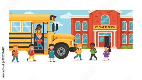 Photography Back to School: Children with backpacks disembark a yellow school bus and walk towards a red brick school building with a Welcome to School sign, representing the start of a new academic year