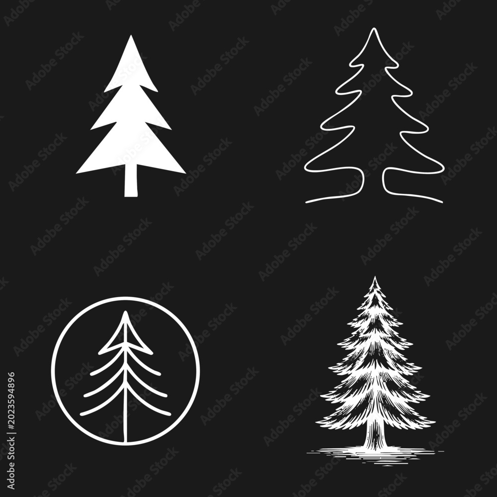Obraz premium Set of Four Stylized White Pine Tree Illustrations and Icons on a Dark Background