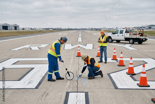 Two workers examine a crack in the runway at an airport while a truck is parked nearby. Cones are placed around the work area for safety. The sky is cloudy, and the airfield is active.