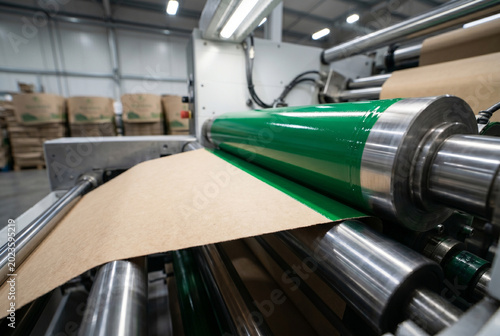 A green roller applies ink to a sheet of cardboard in a factory. Machines and tools surround the production area. This scene shows the printing process in full operation.