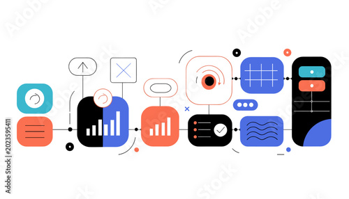 Modern stylized diagram shapes in blue and orange, ideal for business presentations and infographic design layouts.