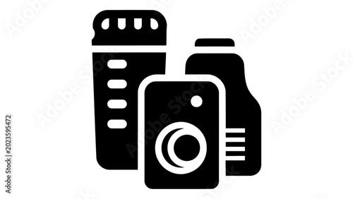 Quadro su tela Film prop replica icon with camera, canister, and bottle
