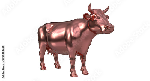Shimmering copper cow statue stands with pride on a clean white background.
