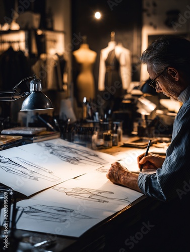 Experienced male tailor sketching men's suit designs in traditional clothing workshop