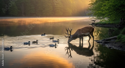 Red deer drinking from a misty lake at golden sunrise with ducks swimming nearby.
