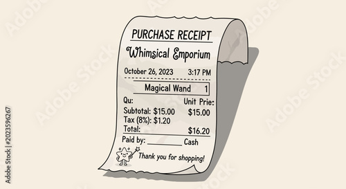 Schilderij op canvas Whimsical illustration of a magical purchase receipt for a fantasy wand from a m