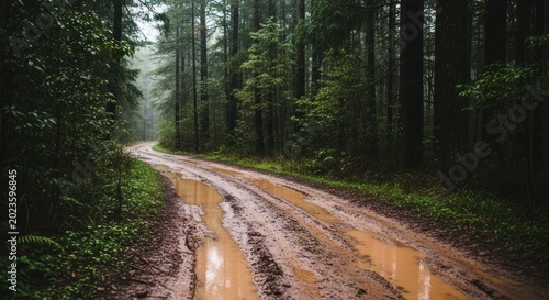 A winding muddy dirt road with puddles through a dense, dark forest.