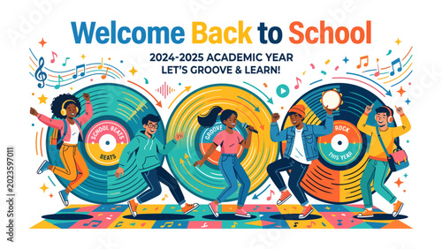 Quadro su tela Back to School Groove: Students groove to music and learn with vibrant vinyl records as a backdrop, celebrating the 2024-2025 academic year in an explosion of color and rhythm