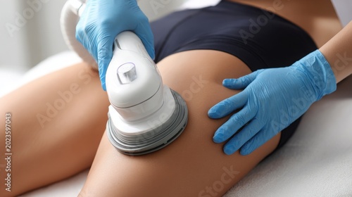 Body care ultrasound cavitation body contouring treatment for anti cellulite reduction, slimming therapy, fat removal, skin tightening and aesthetic wellness procedure concept
