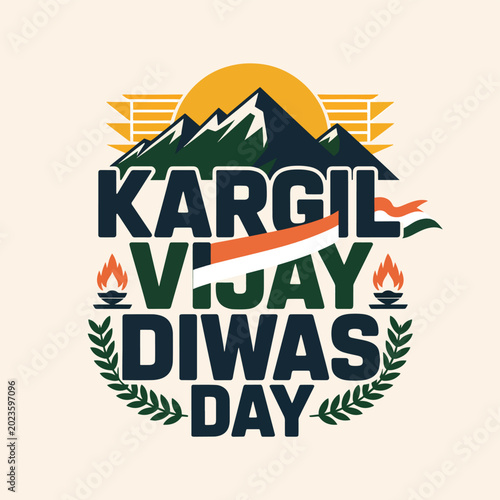 Cuadro en lienzo Kargil Vijay Diwas with mountains, indian flag, eternal flame, and laurel wreath
