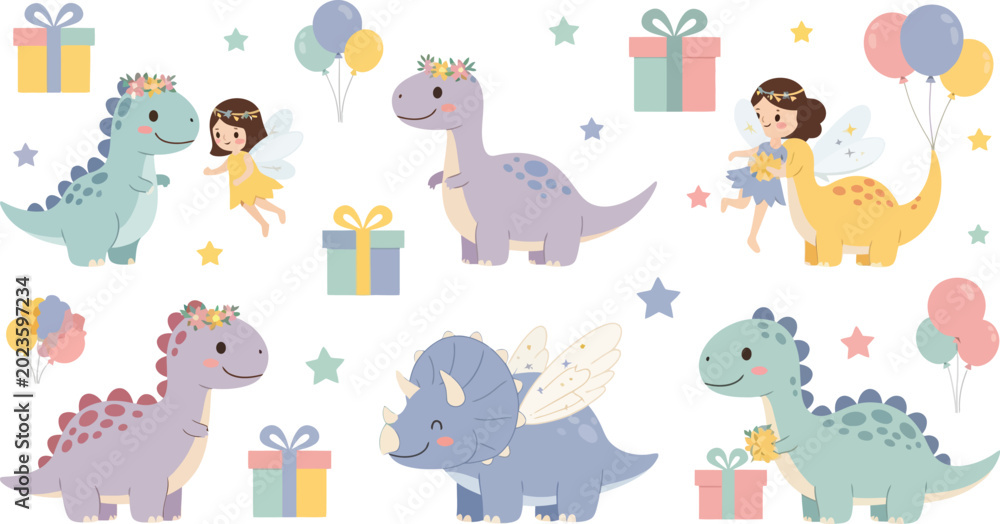 Fototapeta premium Children playing with colorful dinosaurs on a happy birthday party scene