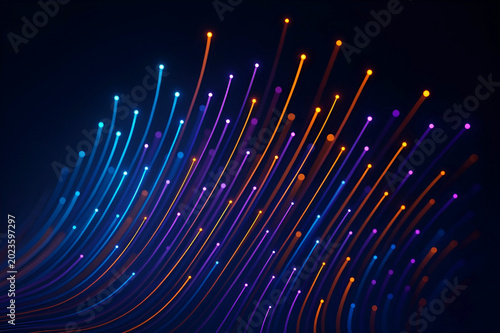 Dynamic Fiber Optic Wave of Glowing Light Particles and Data Trails