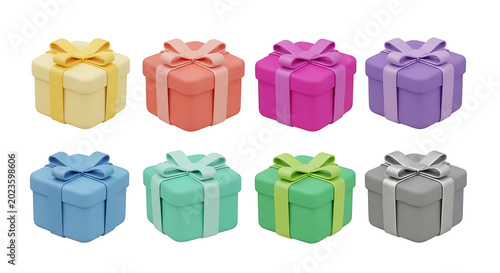 Collection of eight colorful gift boxes with ribbons and bows gift box gift giving celebration colorful birthday surprise greeting occasion assorted collection multiple decorative