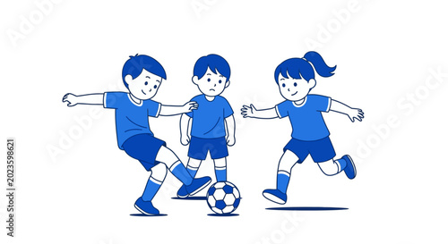 Children playing soccer with ball.