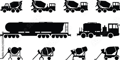 Tableau sur toile Concrete mixer truck and cement transport vehicle icon set for construction indu