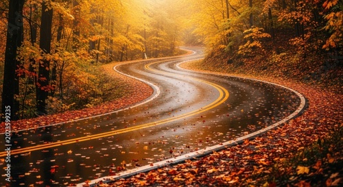 Winding road through a forest in autumn with fallen leaves.