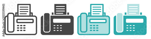 Fax machine icon set with outline and solid telephone communication symbols on transparent background