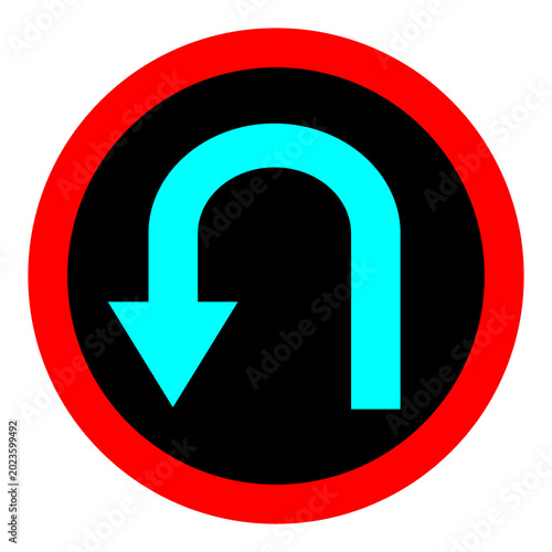 Simple flat design U turn symbol showing a curved arrow pointing downward, used in road safety and driving visuals.
