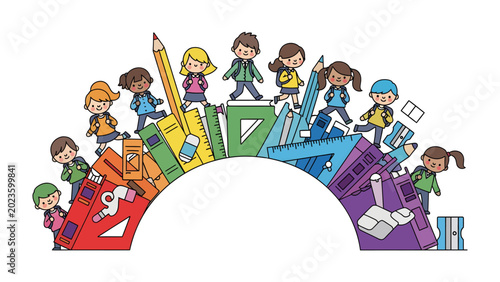 Colorful School Supplies and Happy Children: A vibrant arc of school supplies, including rulers, pencils, and books, forms a rainbow-like bridge for diverse, smiling children.