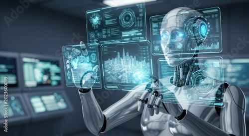 Robot interacting with a futuristic digital interface showing city data.
