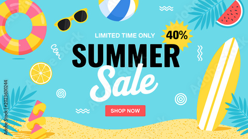Vibrant summer sale advertisement featuring beach and surf elements