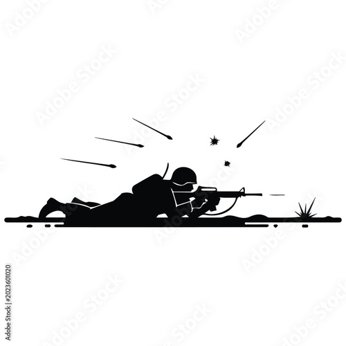 Canvas Print Soldier shooting silhouette vector illustration wartime action illustration