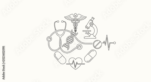 Medical science and healthcare symbols collage on light background