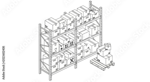 Warehouse shelving filled with shipping boxes.
