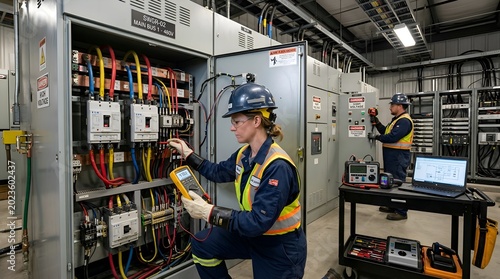 Electricians inspecting electrical panel in industrial facility