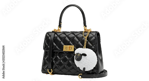 Chic quilted black handbag with a fluffy sheep charm, perfect for stylish everyday use