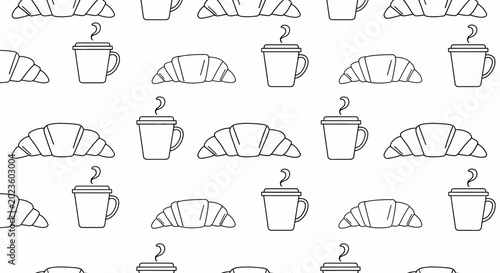 Seamless pattern of croissants and coffee cups
