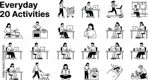 Fotografija Everyday lifestyle activity icon set vector illustration with working shopping f