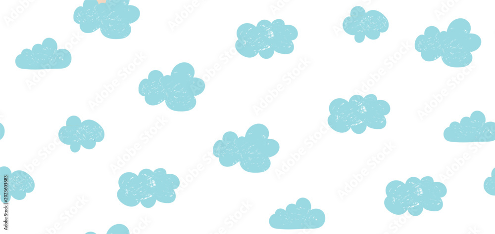 Obraz premium A cute seamless vector pattern featuring light blue hand-drawn clouds with a subtle grunge texture isolated on a white background. This simple, minimalist sky design is ideal for kids' wallpaper, nurs