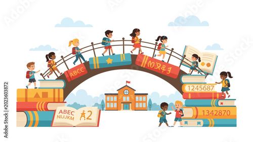 Bridge of Knowledge: Children cross a whimsical bridge constructed from oversized books, leading towards a school building, symbolizing the journey of education and learning.