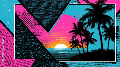 Stylish Eighties Background With Pink Sun And Palms