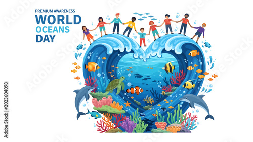Quadro su tela World Oceans Day Heartwave: A vibrant illustration celebrating World Oceans Day depicts diverse people forming a heart shape atop a colossal wave